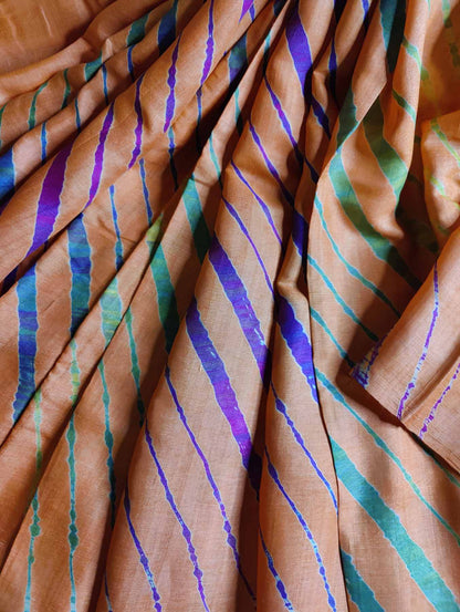 ORANGISH PEACH TUSSAR SILK PURE HANDLOOM LEHERIYA SAREE