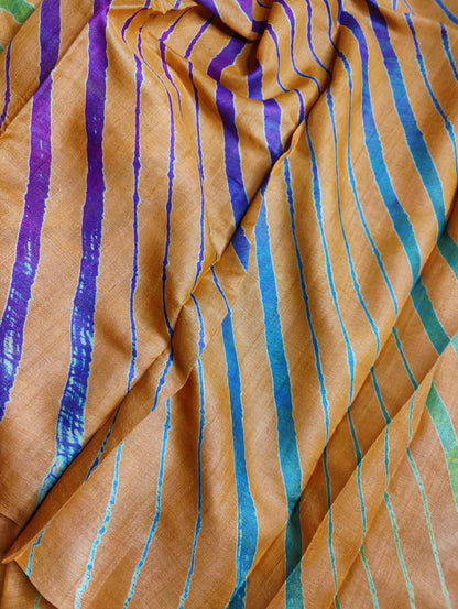 ORANGISH PEACH TUSSAR SILK PURE HANDLOOM LEHERIYA SAREE