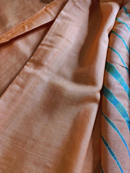 ORANGISH PEACH TUSSAR SILK PURE HANDLOOM LEHERIYA SAREE