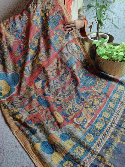 RED TUSSAR PURE HANDLOOM KALAMKARI DUPATTA