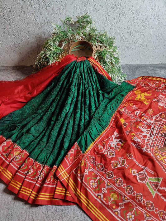 BOTTLE GREEN SILK PURE HANDLOOM BANDHEJ SAREE