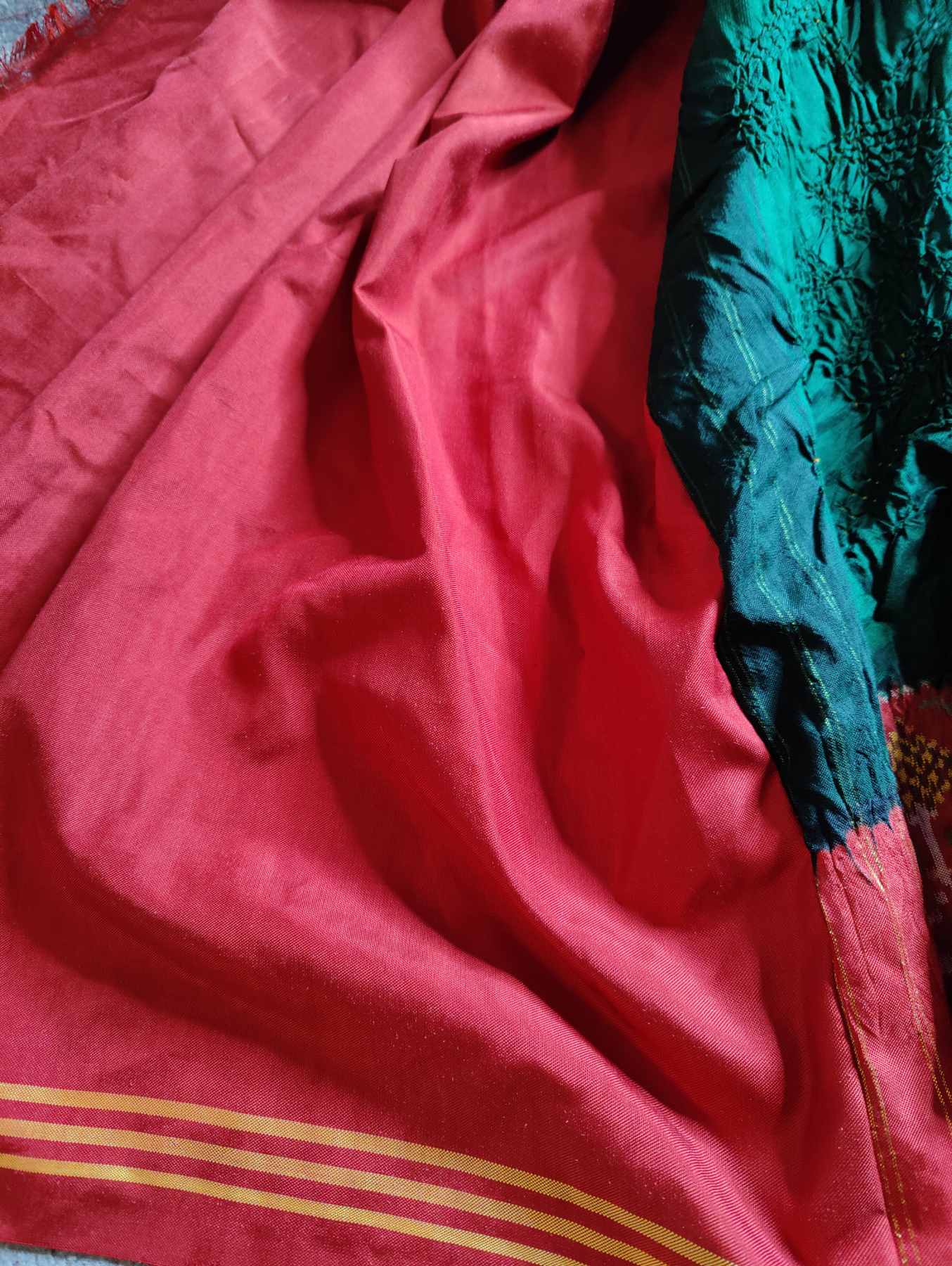 BOTTLE GREEN SILK PURE HANDLOOM BANDHEJ SAREE