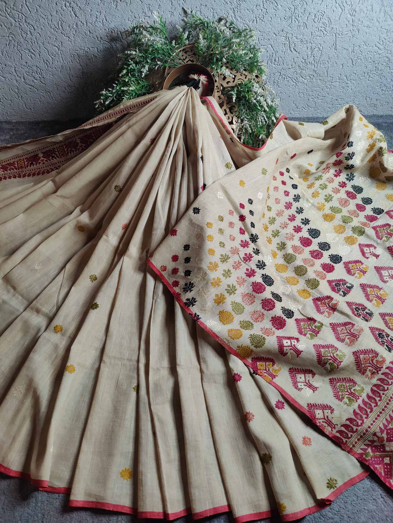 IVORY TUSSAR SILK PURE HANDLOOM ASSAMESE SAREE