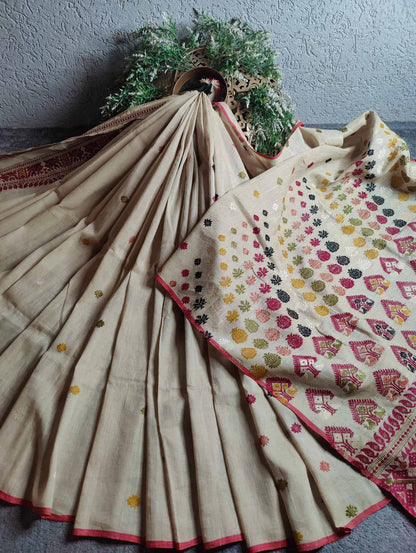 IVORY TUSSAR SILK PURE HANDLOOM ASSAMESE SAREE