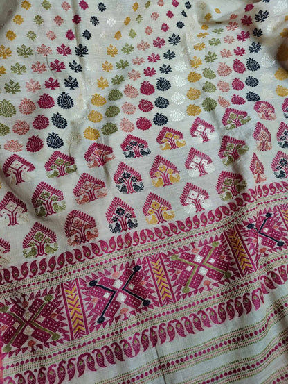 IVORY TUSSAR SILK PURE HANDLOOM ASSAMESE SAREE