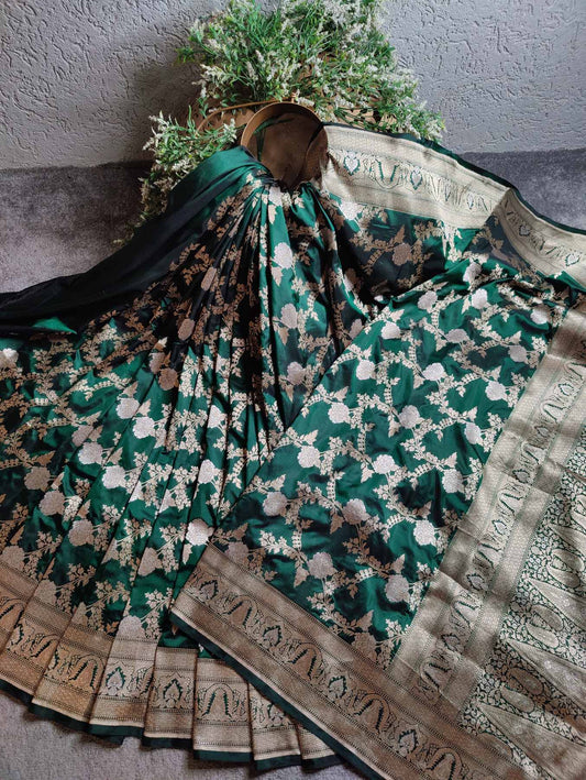 BOTTLE GREEN SILK PURE HANDLOOM BANARASI SAREE