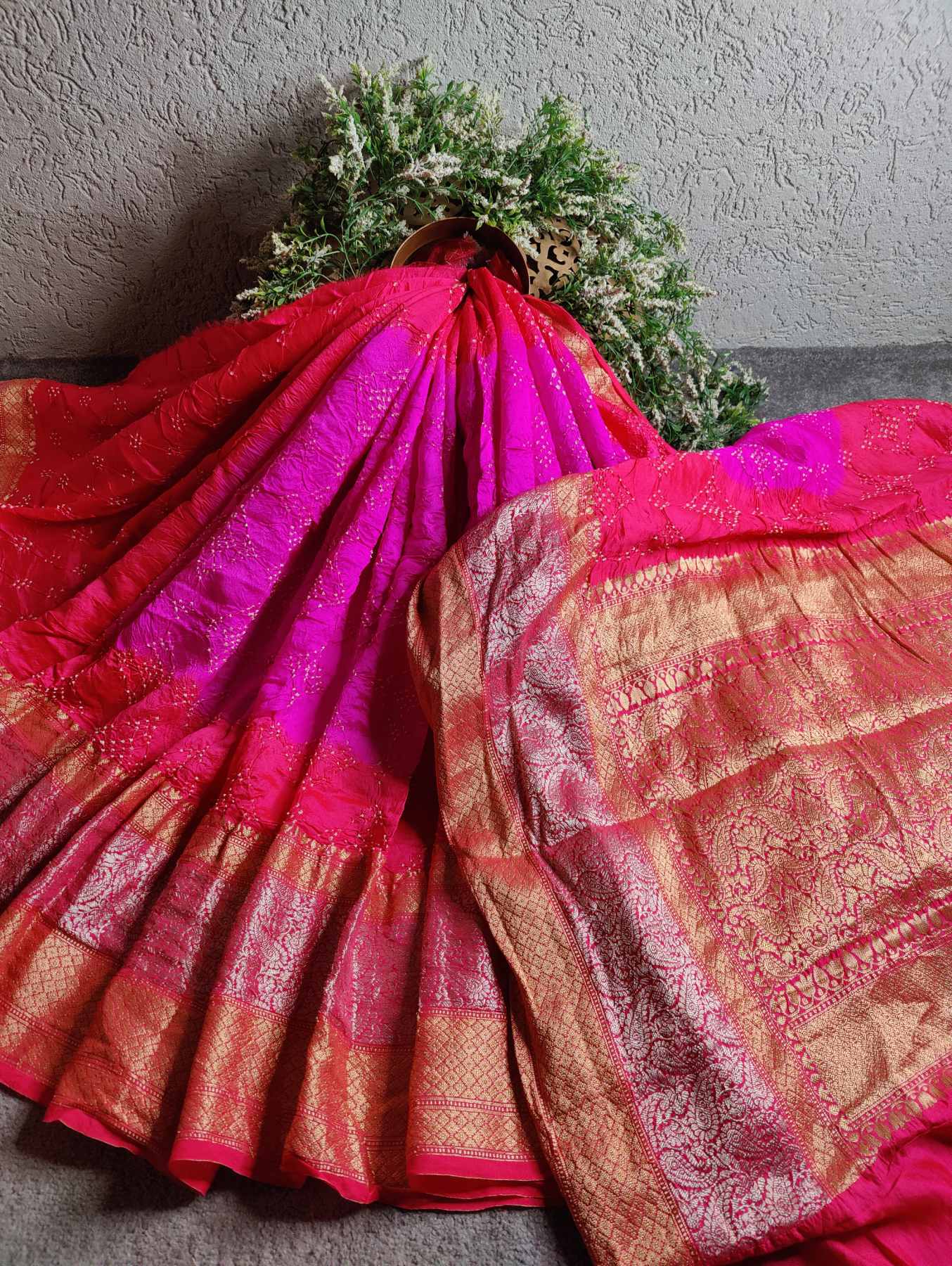 PINK AND DARK CORAL SILK PURE HANDLOOM BANDHEJ SAREE