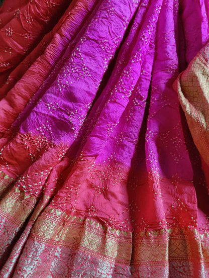 PINK AND DARK CORAL SILK PURE HANDLOOM BANDHEJ SAREE