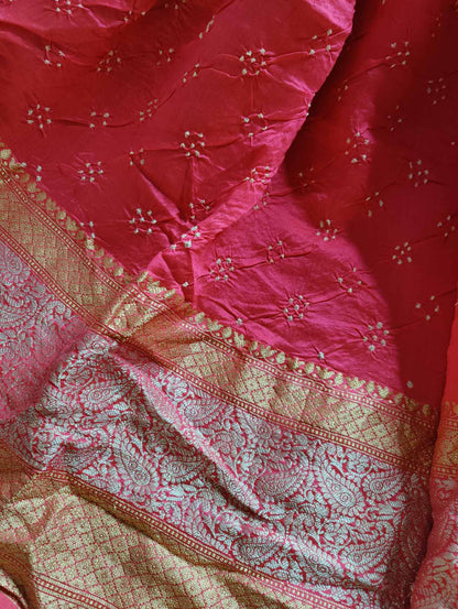 PINK AND DARK CORAL SILK PURE HANDLOOM BANDHEJ SAREE