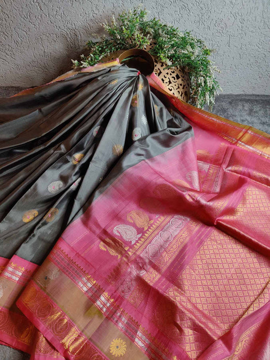 GREY SILK PURE HANDLOOM GADWAL SAREE