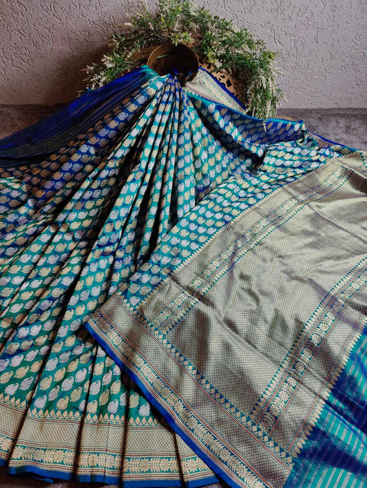 TEAL BLUE SILK  PURE HANDLOOM BANARASI SAREE