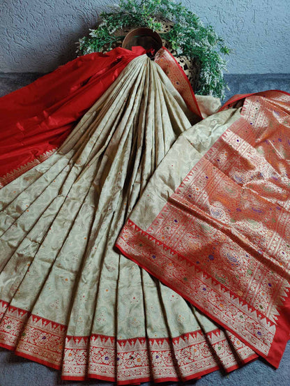 LIGHT OLIVE GREEN SILK  PURE HANDLOOM REAL JARI BANARASI SAREE