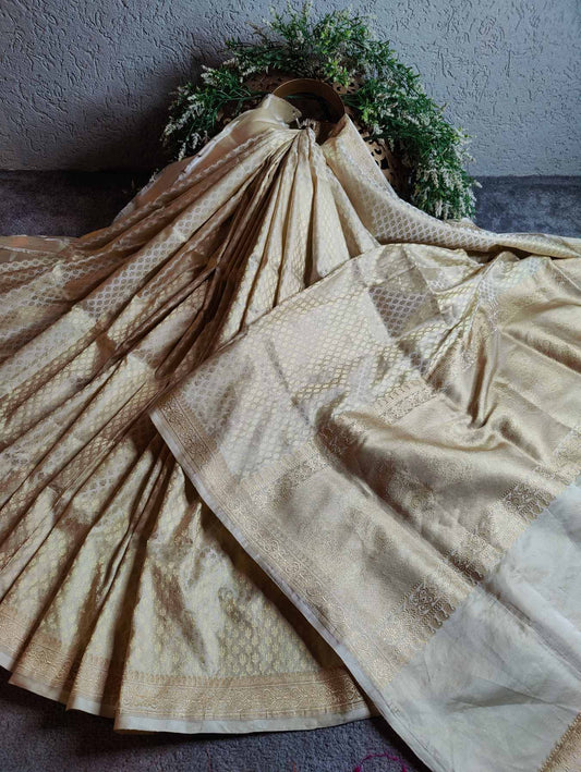 OFF WHITE MASHROO SILK PURE HANDLOOM BANARASI SAREE