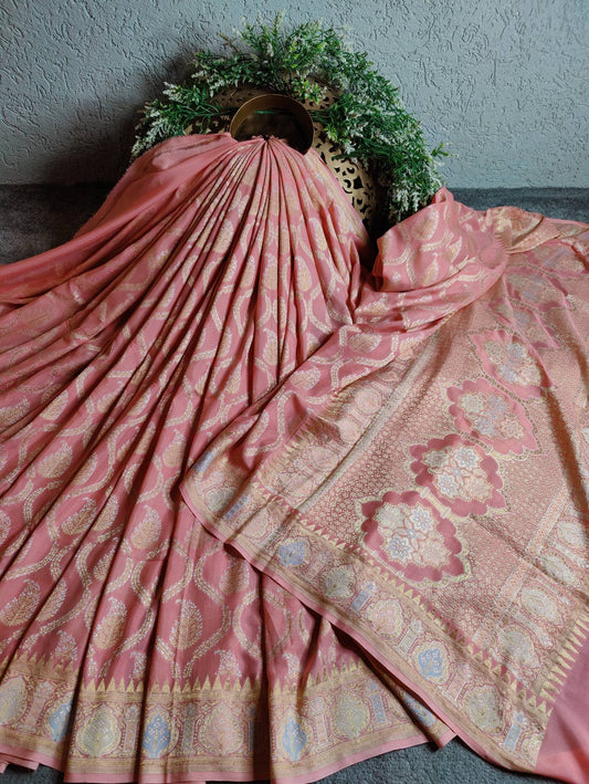 PEACH GEOTGETTE PURE HANDLOOM BANARASI SAREE