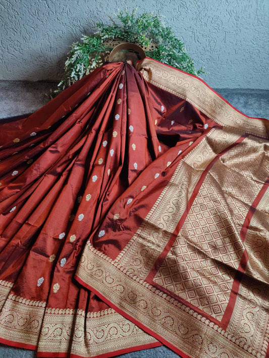 RUST SILK PURE HANDLOOM BANARASI SAREE