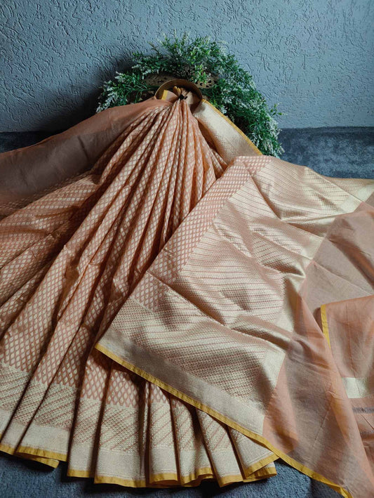 PEACH COTTON PURE HANDLOOM  BANARASI SAREE