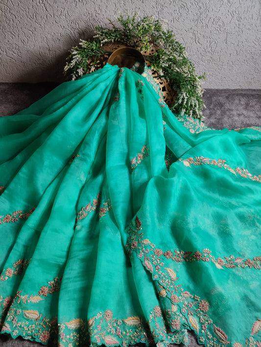 SEA GREEN ORGANZA PURE HANDLOOM EMBROIDERY SAREE