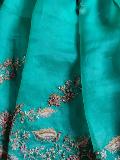 SEA GREEN ORGANZA PURE HANDLOOM EMBROIDERY SAREE