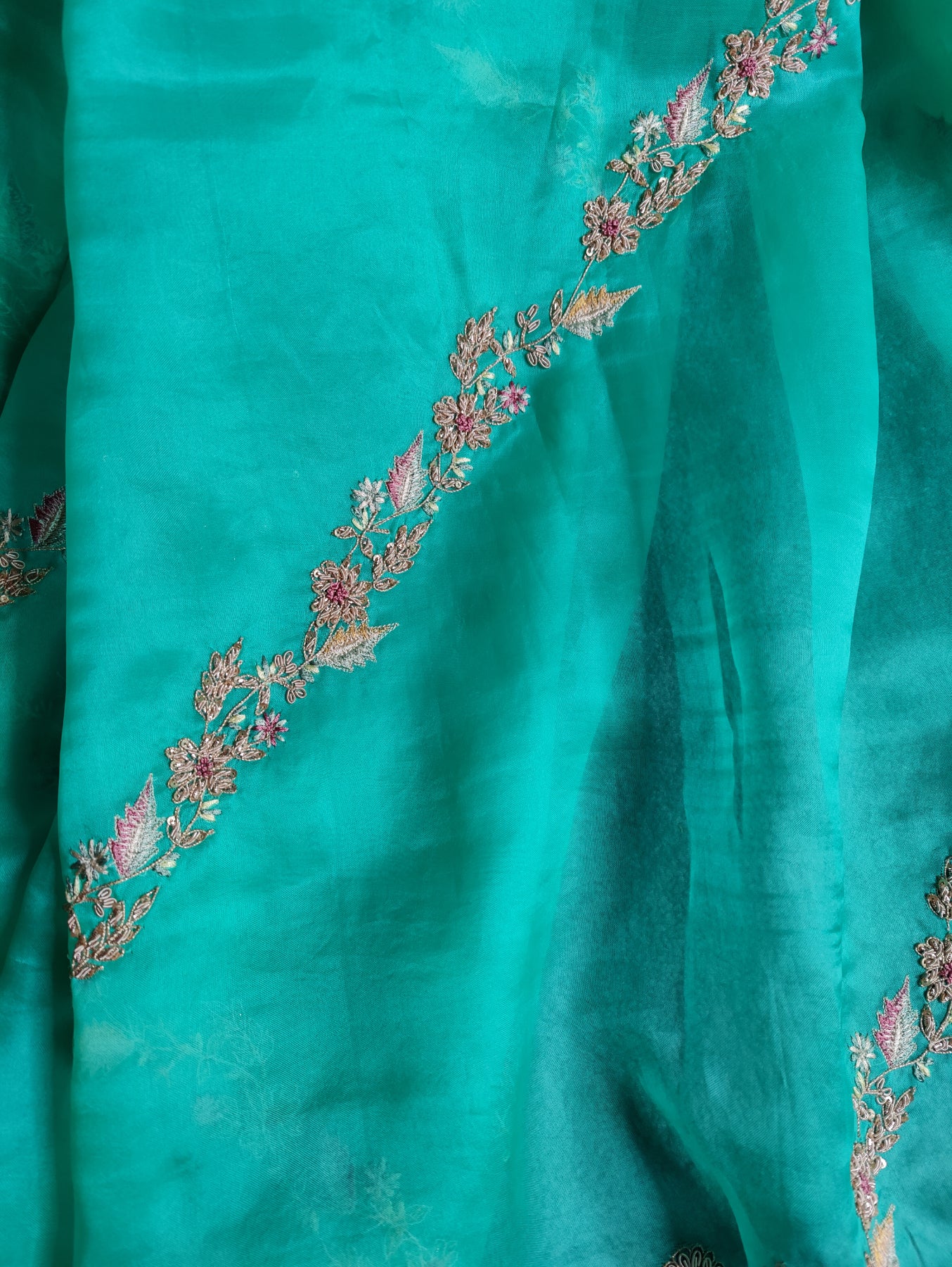 SEA GREEN ORGANZA PURE HANDLOOM EMBROIDERY SAREE