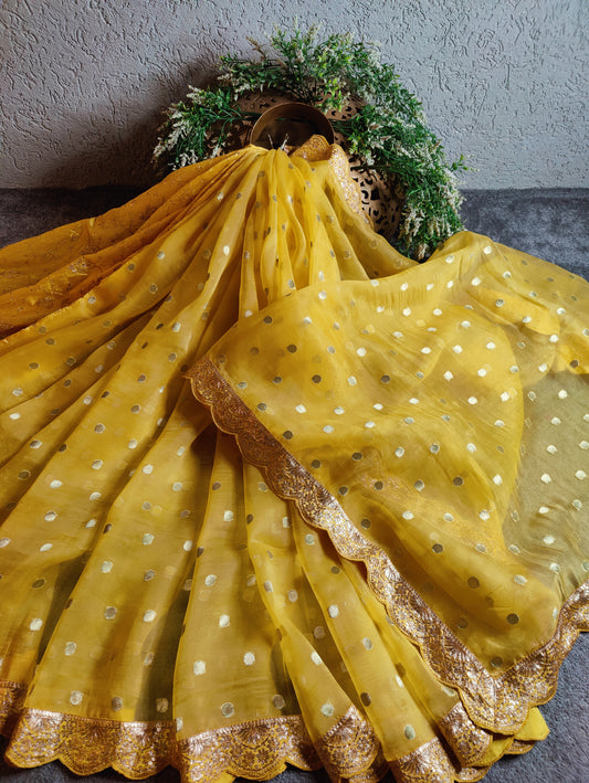 YELLOW ORGANZA PURE HANDLOOM EMBROIDERY SAREE