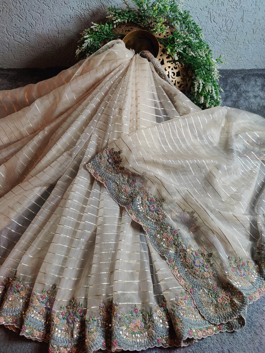 CREAM ORGANZA PURE HANDLOOM EMBROIDERY SAREE