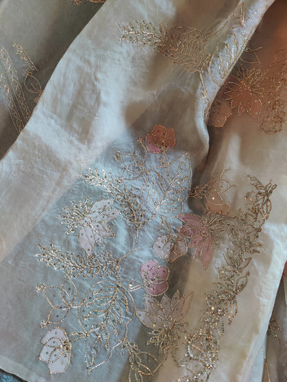 LIGHT PEACH ORGANZA PURE HANDLOOM EMBROIDERY SAREE