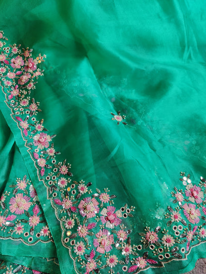 SEA GREEN ORGANZA PURE HANDLOOM EMBROIDERY SAREE