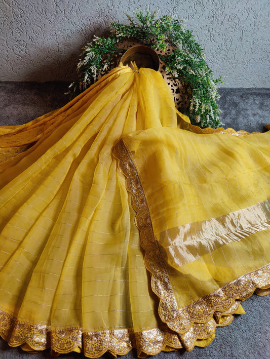 YELLOW ORGANZA PURE HANDLOOM EMBROIDERY SAREE