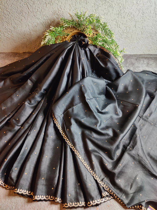 BLACK TUSSAR SILK PURE HANDLOOM EMBROIDERY SAREE