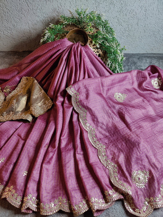 WINE TASSAR SILK PURE HANDLOOM EMBROIDERY SAREE