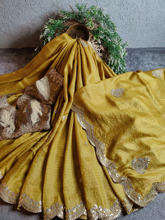 YELLOW TASSAR SILK PURE HANDLOOM EMBROIDERY SAREE