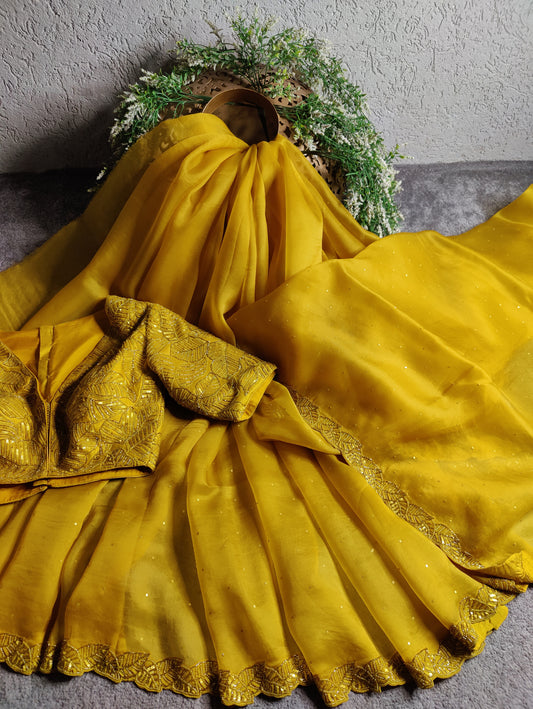 TURMERIC YELLOW ORGANZA PURE HANDLOOM EMBROIDERY SAREE