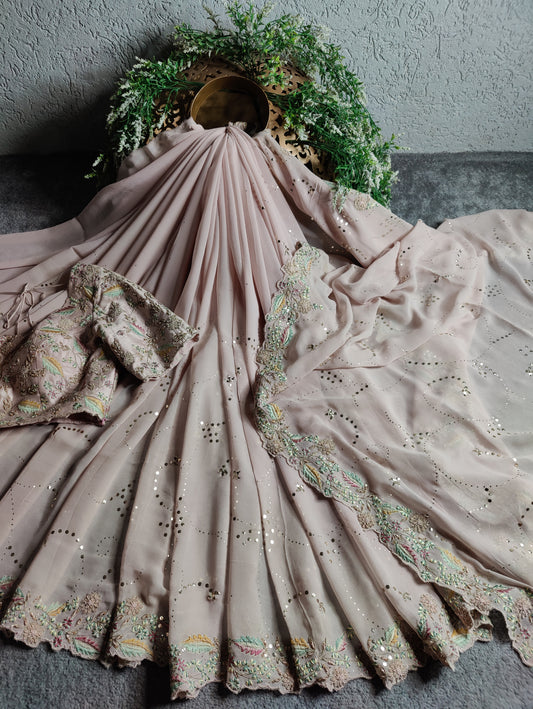 POWDER PINK GEORGETTE PURE HANDLOOM EMBROIDERY SAREE