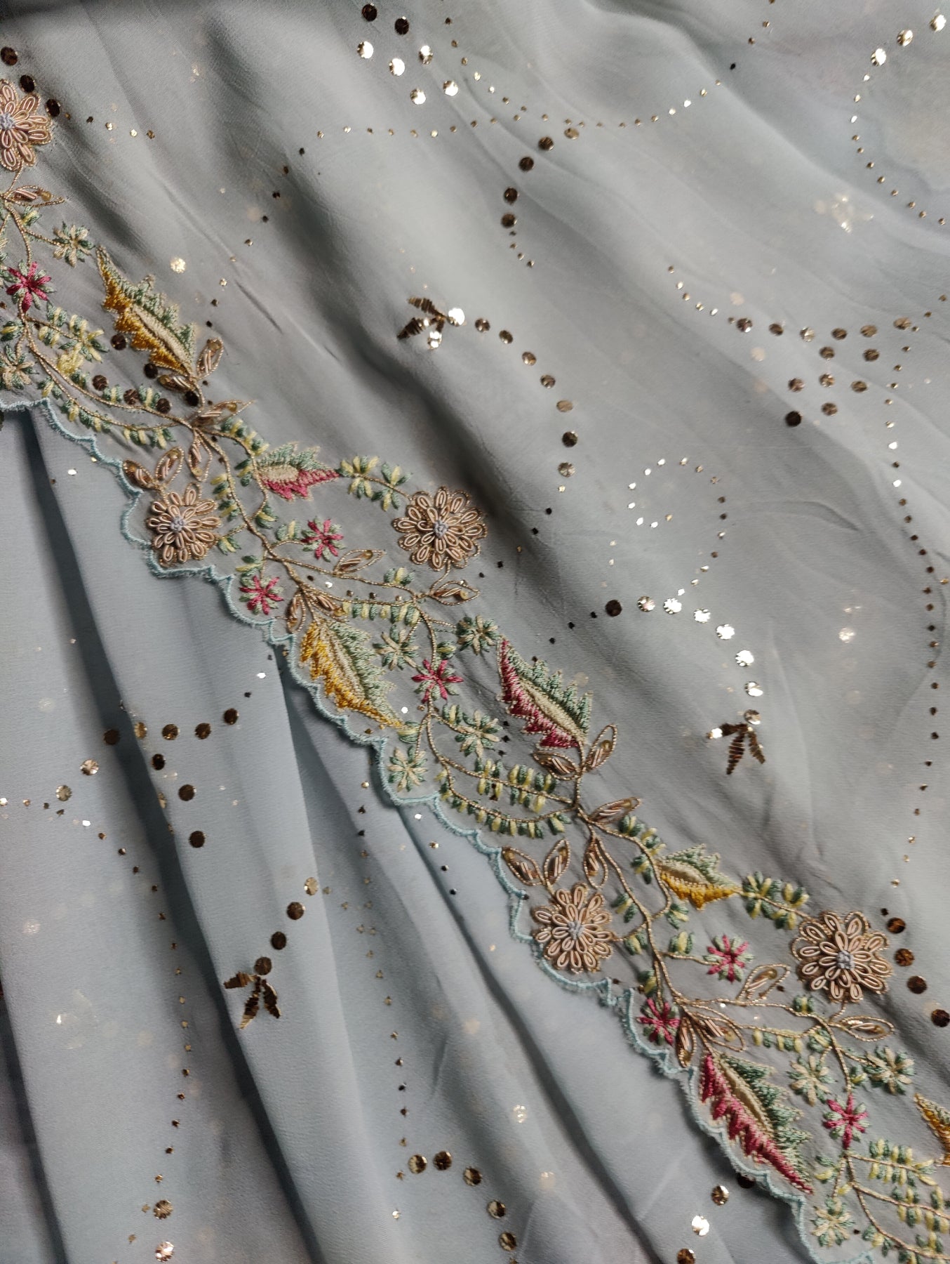 POWDER BLUE GEORGETTE PURE HANDLOOM EMBROIDERY SAREE