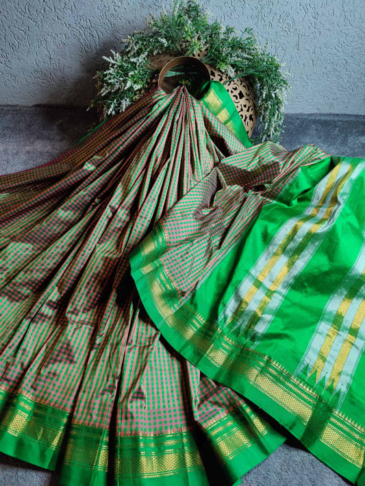 GREEN PINK SILK PURE HANDLOOM IRKAL SAREE