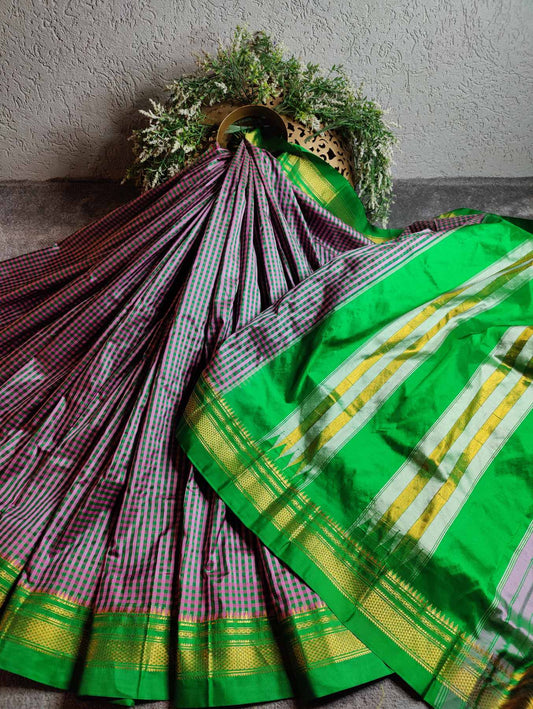 PINK DARK GREEN SILK PURE HANDLOOM IRKAL SAREE