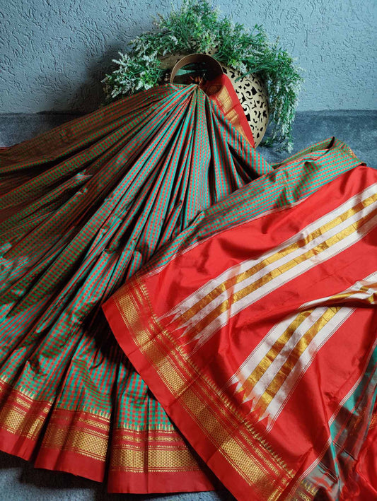 GREEN RED SILK PURE HANDLOOM IRKAL SAREE