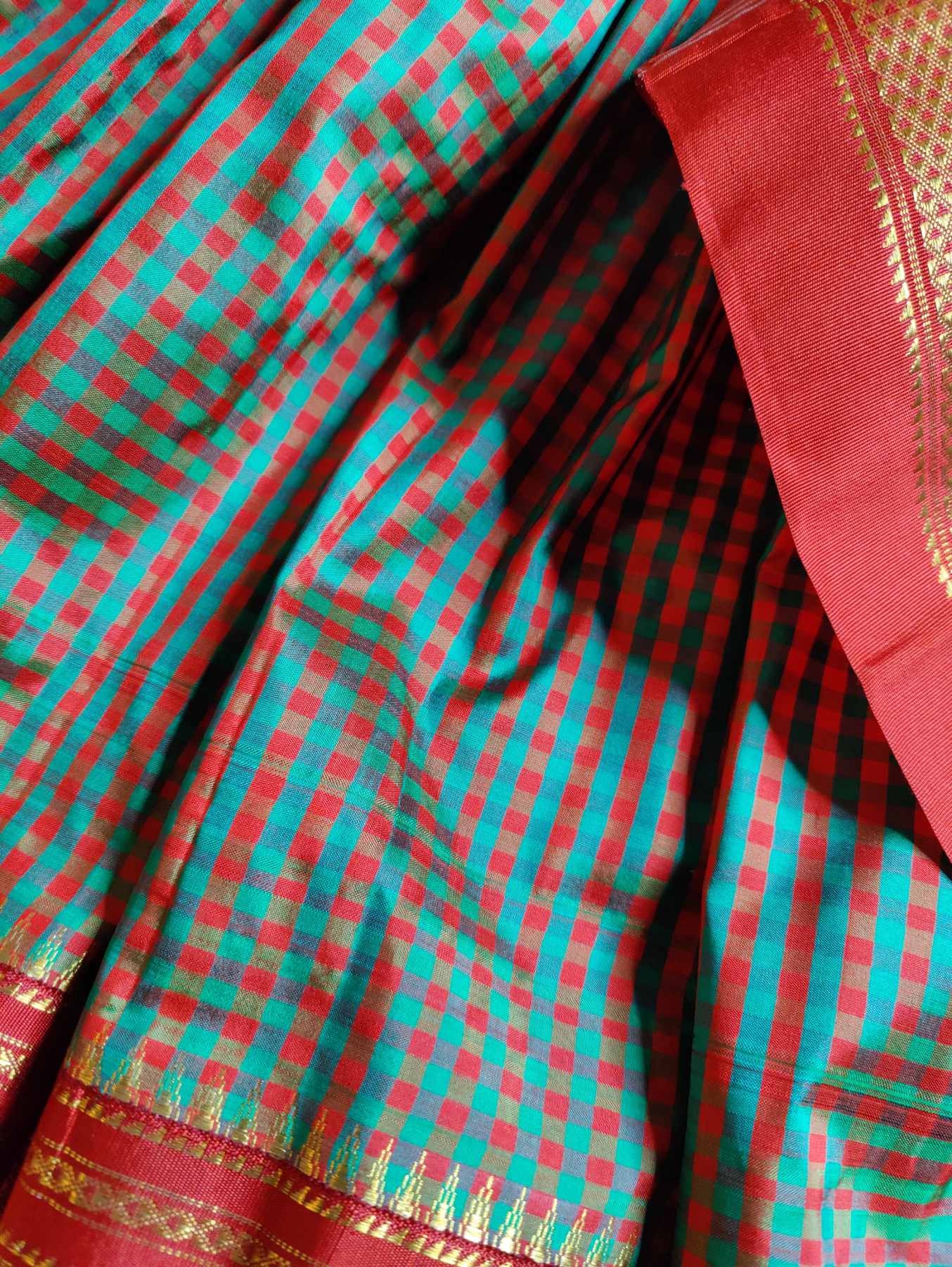GREEN RED SILK PURE HANDLOOM IRKAL SAREE