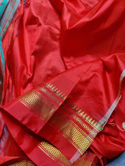 GREEN RED SILK PURE HANDLOOM IRKAL SAREE