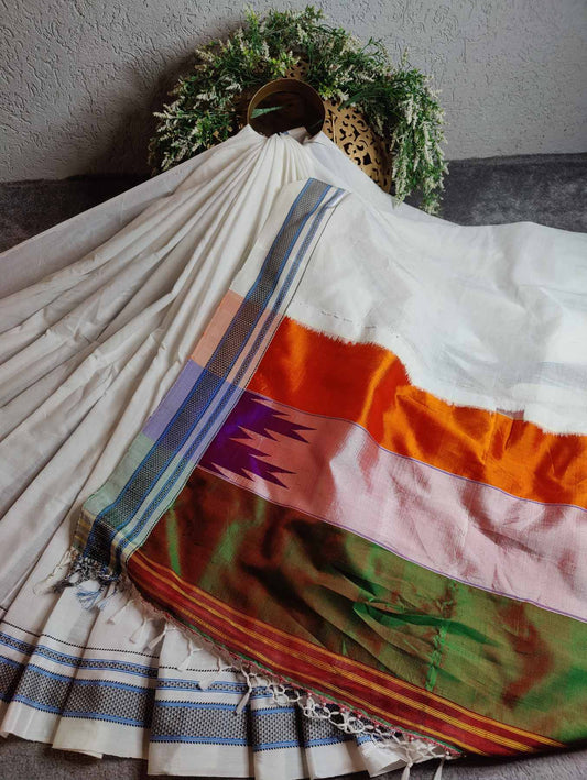 WHITE COTTON PURE HANDLOOM IRKAL SAREE