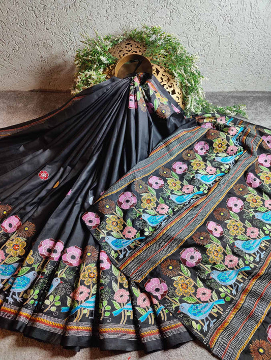 BLACK SILK PURE HANDLOOM KANTHA SAREE