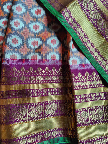 GREY TWILL SILK PURE HANDLOOM SINGLE IKKAT SAREE