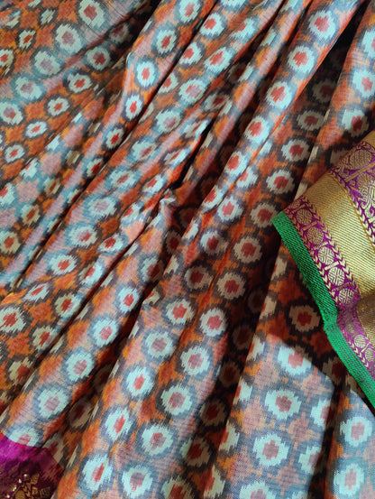 GREY TWILL SILK PURE HANDLOOM SINGLE IKKAT SAREE