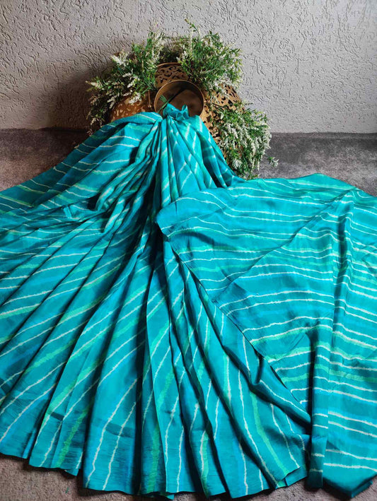 BLUE MULBERRY SILK PURE HANDLOOM LEHERIYA SAREE
