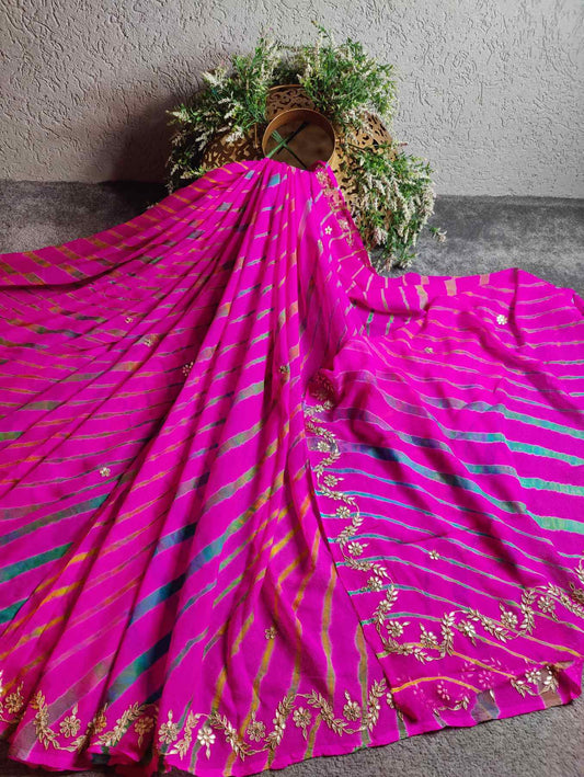 PINK SHIFFON  PURE HANDLOOM LEHERIYA SAREE
