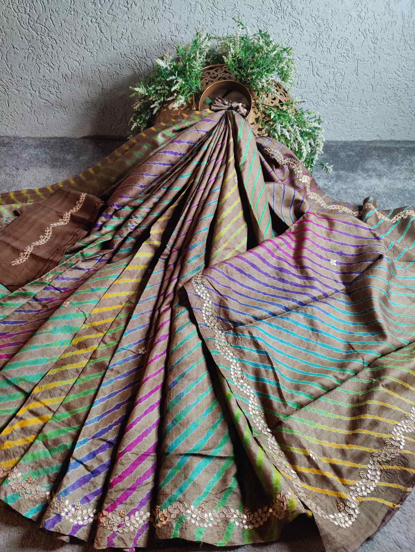 CARAMEL TUSSAR  PURE HANDLOOM LEHERIYA SAREE