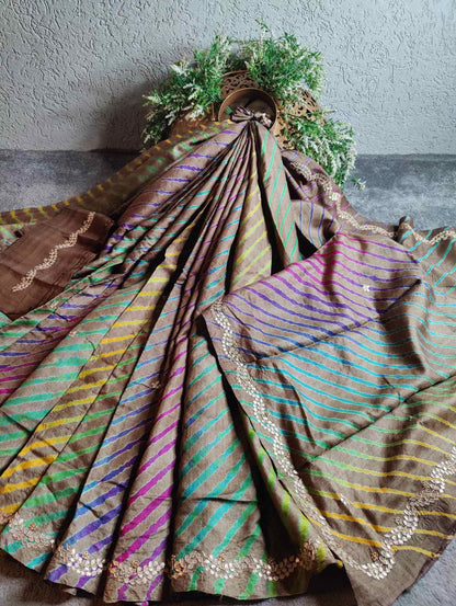 CARAMEL TUSSAR  PURE HANDLOOM LEHERIYA SAREE