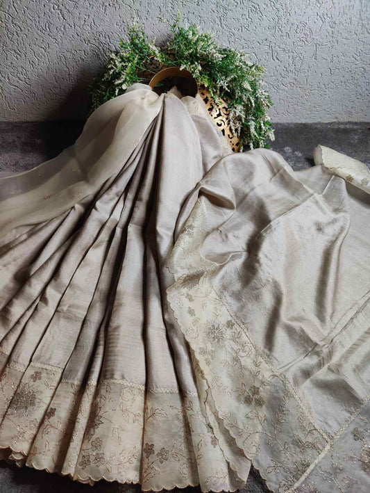 GREY TUSSAR PURE HANDLOOM EMBROIDERY SAREE