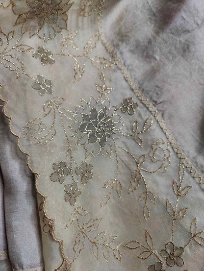 GREY TUSSAR PURE HANDLOOM EMBROIDERY SAREE