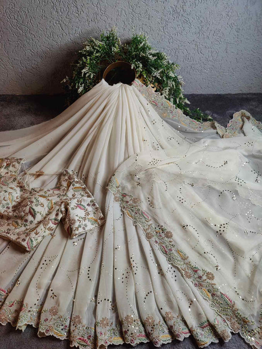 WHITE GEORGETTE PURE HANDLOOM EMBROIDERY SAREE